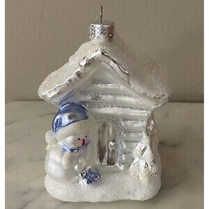SNOW HOUSE Snowman Cottage Christmas Ornament Glass 4 Inches